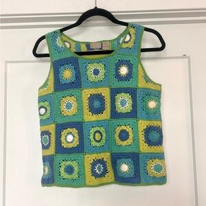 Sigrid Olsen Hand Knit Green/ Blue Granny Square Sleeveless Tank Top- Petite PM